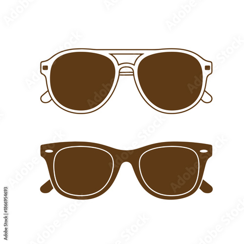 Two pairs of sunglasses with brown lenses and different frames isolated on white background