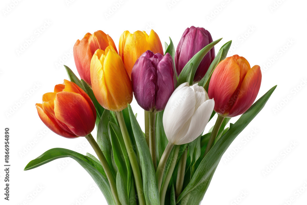 Naklejka premium Vibrant bouquet of red orange yellow purple and white tulips with green stems on black backdrop flowers