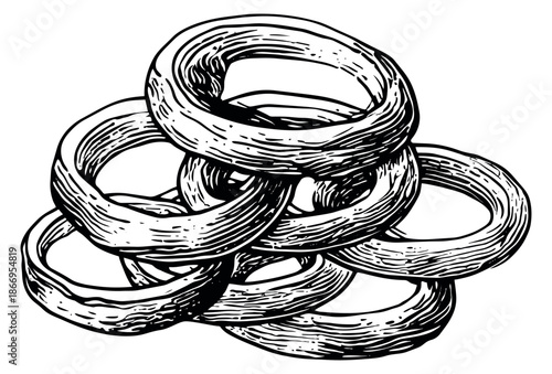 Hand drawn line art illustration of onion rings depicting a stack of savory fried food for restaurant menus