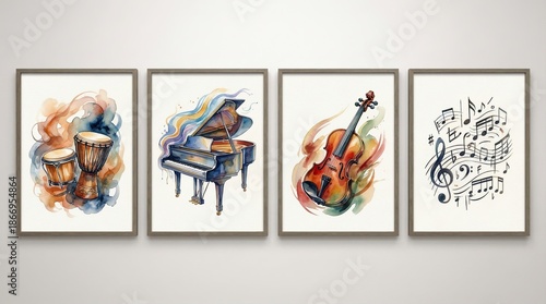 music education, art therapy, music appreciation, Watercolor Music Art Prints Featuring Drums, Piano, Violin, and Musical Notes