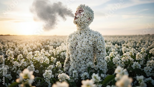 Man Made of Flowers Smoking in Field.
