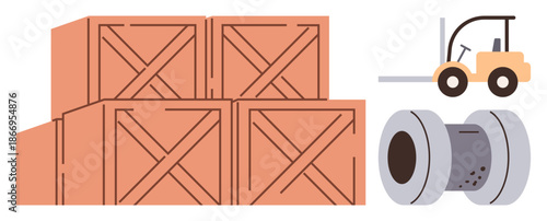 Shipping, logistics, warehouse storage, industrial supply, freight management, material handling. Stacked wooden crates, forklift and industrial spool. Shipping and logistics with storage