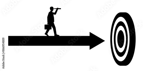 Businessman using Telescope looking for Target Silhouette. Goal Achievement and Business Success Concept. Vector Illustration.