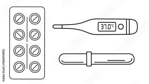 Essential clinical diagnostic and medication tools featuring a digital thermometer a pill blister pack and a dropper for healthcare insurance business services branding.