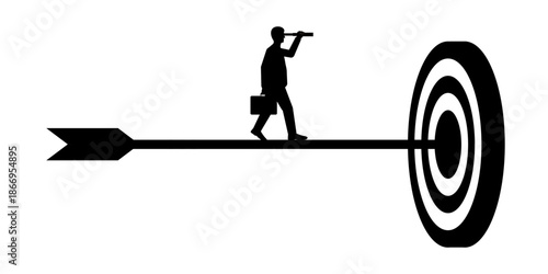 Businessman using Telescope looking for Target Silhouette. Goal Achievement and Business Success Concept. Vector Illustration.