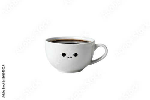 White ceramic coffee cup with smiling face holding dark coffee on black background