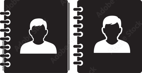Personal Address Book and Contact Directory Icons, Spiral Notebook Silhouettes with User Profile