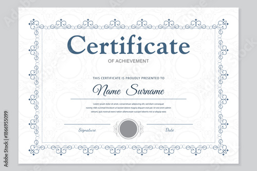Professional certificate of achievement template with an elegant ornate blue frame and a patterned background. Perfect for business awards, graduation diplomas, and official documents. Editable vector