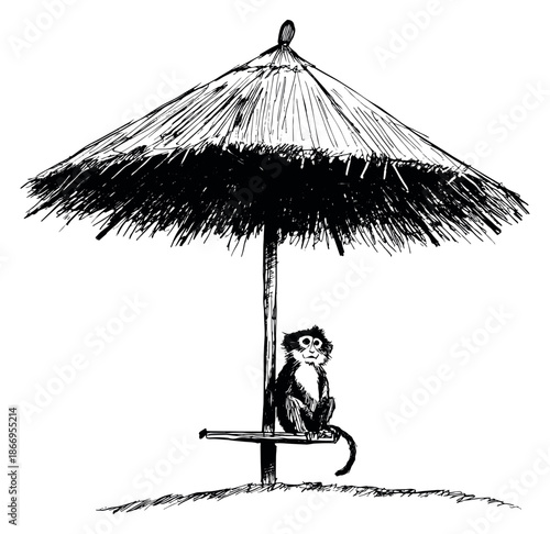 Hand drawn line art illustration of a monkey depicting relaxing under a thatched umbrella for tropical summer designs