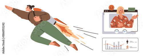 Business success, innovation, remote teamwork, personal growth, entrepreneurship, digital connection. Professional with rocket pack flying, video call and analytics chart. Business success