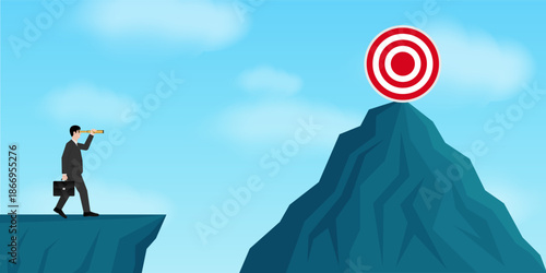 Businessman using Telescope looking for Target. Goal Achievement and Business Success Concept. Vector Illustration.