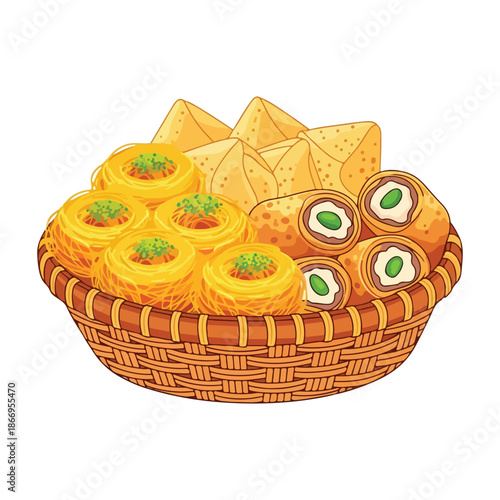 Colorful snack platter featuring tortilla chips, savory rolls, and decorative bite-sized pastries arranged beautifully.