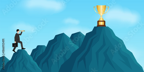 Businessman using Telescope looking for Trophy. Goal Achievement and Business Success Concept. Vector Illustration.