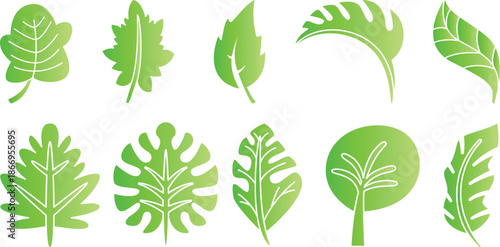 Leaf sprout icon vector set, green leaves plant eco logo symbol simple graphic illustration set, vegan fresh herb pictogram shape sign, organic natural healthy logotype