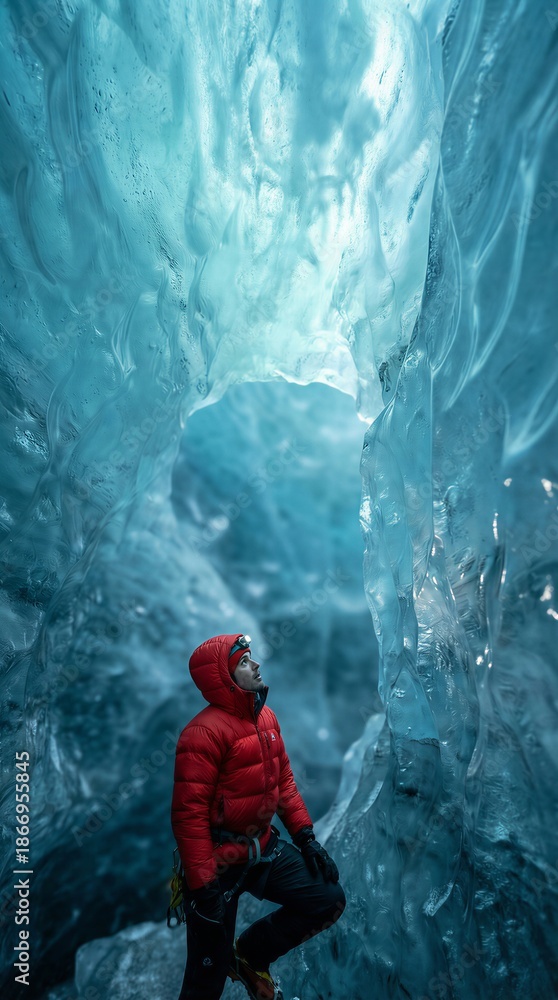 Fototapeta premium Explorer Inside Blue Glacial Ice Cave