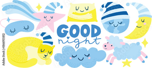 Cute cartoon decorative stickers, good night lettering. Sleeping mask, cloud, Earth, star, sheep, cat, pillow. Trendy night illustration in pastel colors. Characters for children bedroom print.