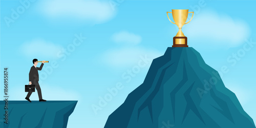 Businessman using Telescope looking for Trophy. Goal Achievement and Business Success Concept. Vector Illustration.