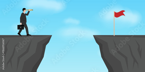 Businessman using Telescope looking for Victory Flag. Goal Achievement and Business Success Concept. Vector Illustration.