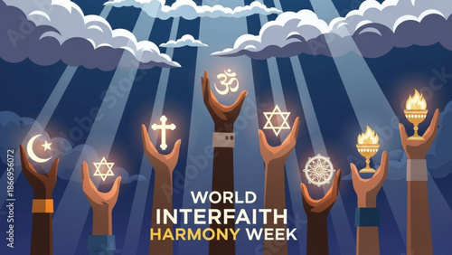 Diverse hands holding symbols of different religions under radiant beams of light from clouds representing unity and interfaith harmony with diversity