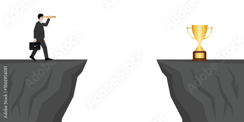 Businessman using Telescope looking for Trophy. Goal Achievement and Business Success Concept. Vector Illustration.