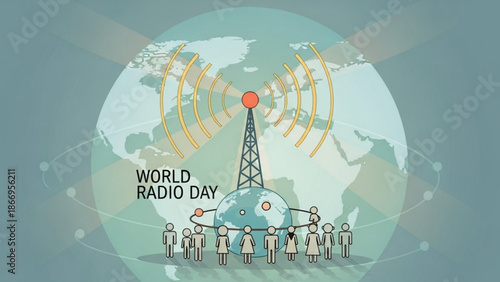 World radio day illustration with people connected to a radio tower broadcasting signals globally on earth with global communication and technology