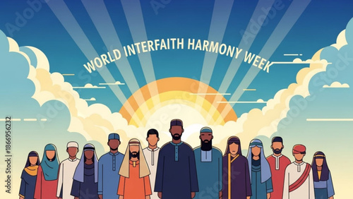Diverse group of people in traditional attire standing together in harmony under a sunny sky with clouds and sunbeams for world interfaith harmony week