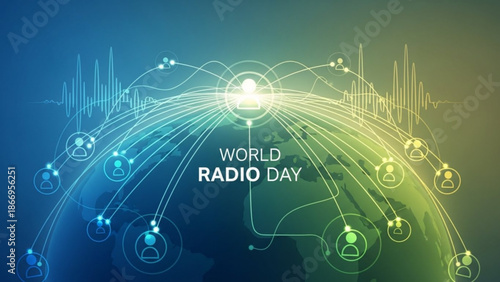 World radio day celebration with global connectivity and communication concept with network and people and graphic and digital and technology