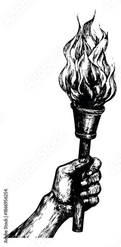 Hand drawn line art illustration of a hand holding a burning torch depicting enlightenment and progress for concepts of victory or freedom