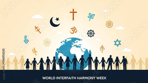 Diverse people holding hands around the world with religious symbols for world interfaith harmony week with diversity and inclusivity and unity