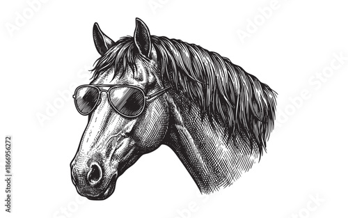 Stylish Ink Engraving Portrait of a Horse Head Wearing Aviator Sunglasses