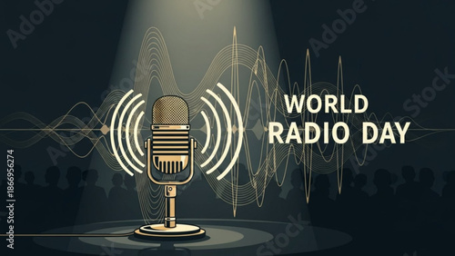 Vintage microphone with sound waves on dark background celebrating world radio day with text with music and broadcast and communication and audio