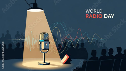 A microphone under a spotlight with sound waves on world radio day with a book on a dark background with silhouettes of people with radio broadcasting