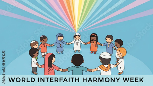 Diverse children from different faiths and cultures join hands in unity and harmony on world interfaith harmony week with a vibrant rainbow background