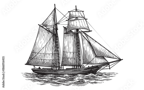 Nautical Engraving of a Two-Masted Tall Ship Sailing on Ocean Waves