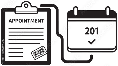 Professional medical appointment scheduling system with checkmark on calendar and barcode clipboard for healthcare clinic management and hospital administrative services.
