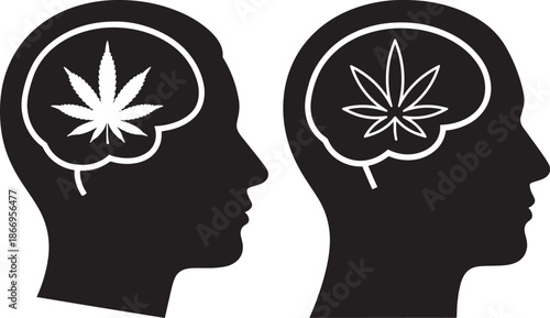Silhouette of Human Head with Brain and Cannabis Leaf, Representing Medical Marijuana Effects and Psychological Impact