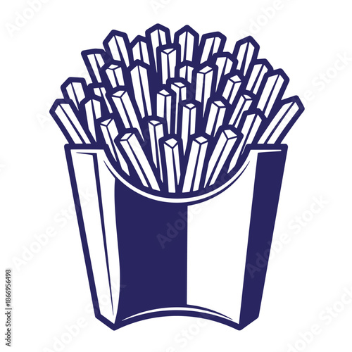 A blue and white illustration of a container filled with french fries on a transparent background