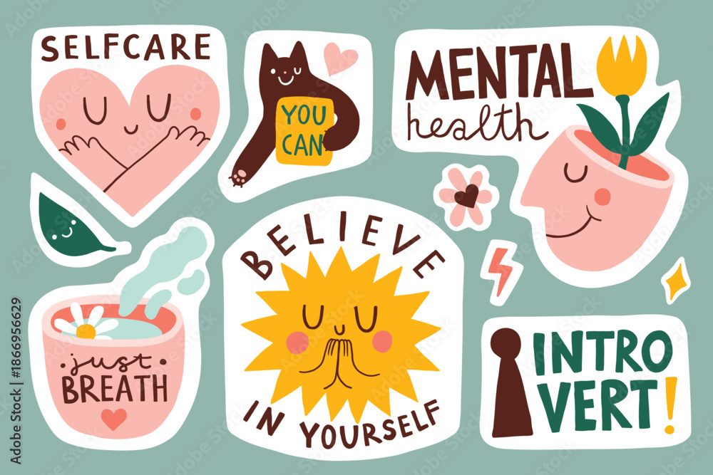 Fototapeta premium Cute set of printable stickers with kindness and love for mental health. Includes phrases and illustrations. Selfcare,you can, just breath, believe in yourself,introvert lettering. Psychology, therapy