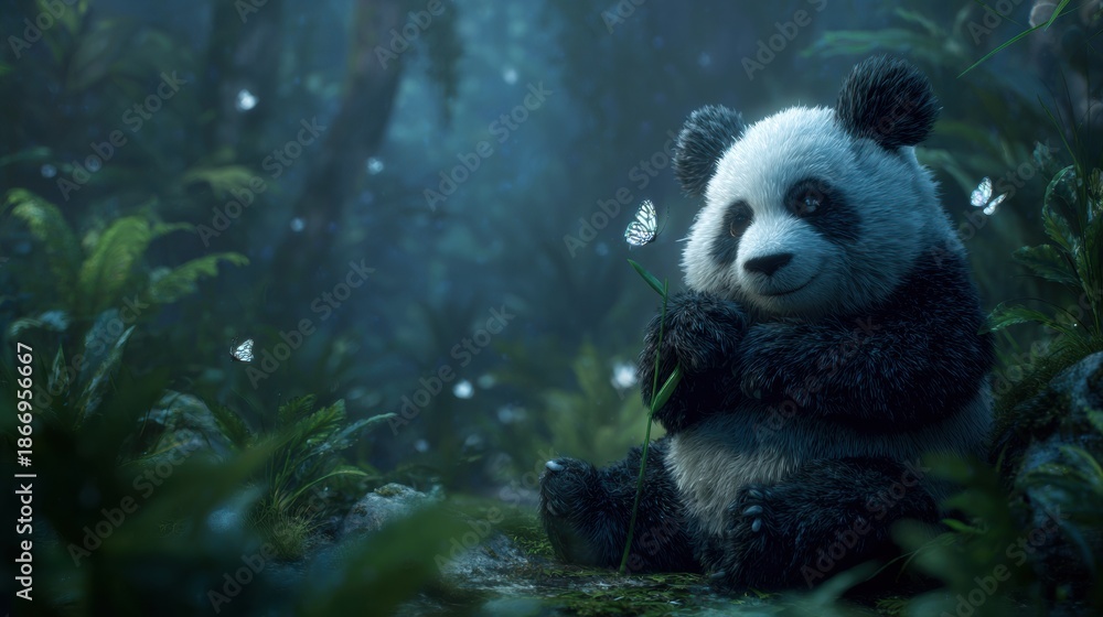 Obraz premium Playful Panda Munching Bamboo Amidst Misty Forest and Butterflies for Animal Welfare and Habitat Protection Campaigns