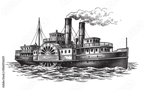 Historical Engraving of a Paddle Wheel Steamer Riverboat on Water