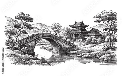 Detailed black and white engraving of a traditional Chinese stone arched bridge over a river with a pavilion