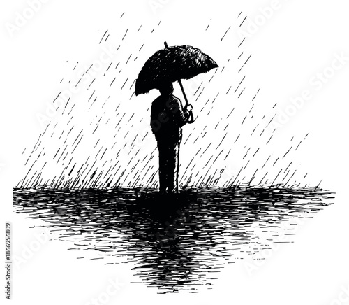 Sketch illustration of a person depicting standing under an umbrella in the rain for weather and mood concepts