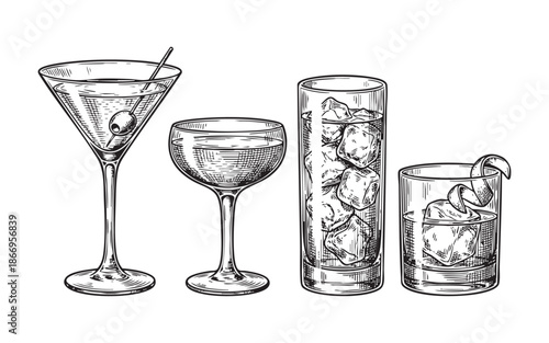 et of four hand-drawn illustrations of different classic cocktails in various glasses with garnishes
