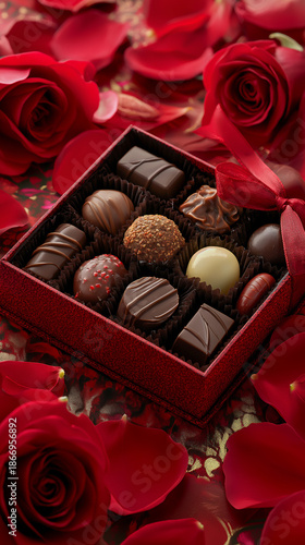 赤いバラに囲まれた高級チョコレートのバレンタインギフト