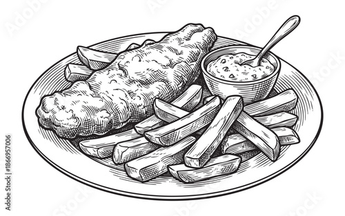 Traditional dish of fish and chips with tartar sauce drawing