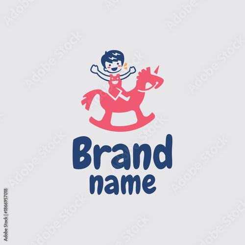 Playful kids dream logo design with boy on rocking horse unicorn