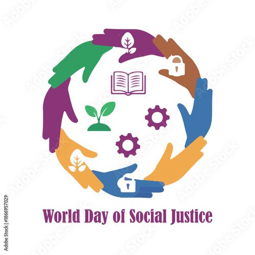 Multicolored hands vector with social justice icons in circular layout for World Day of Social Justice