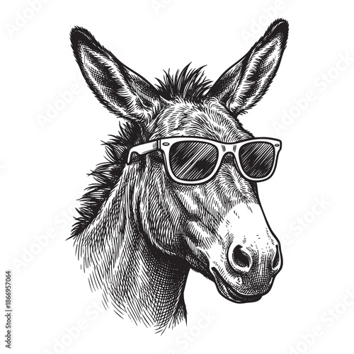 funny donkey head with sunglasses looking side.