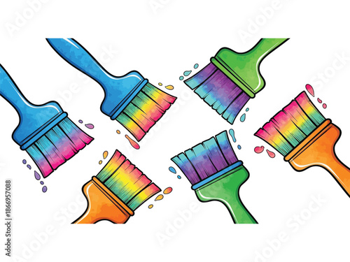 Group of colorful paint brushes with rainbow bristles and paint drips vector illustration