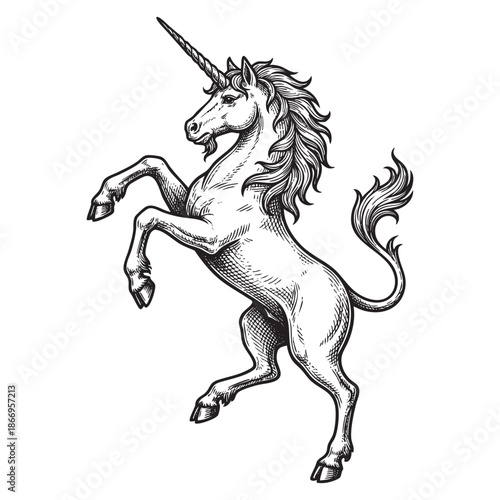 Vintage heraldic engraving of a prancing fantasy unicorn